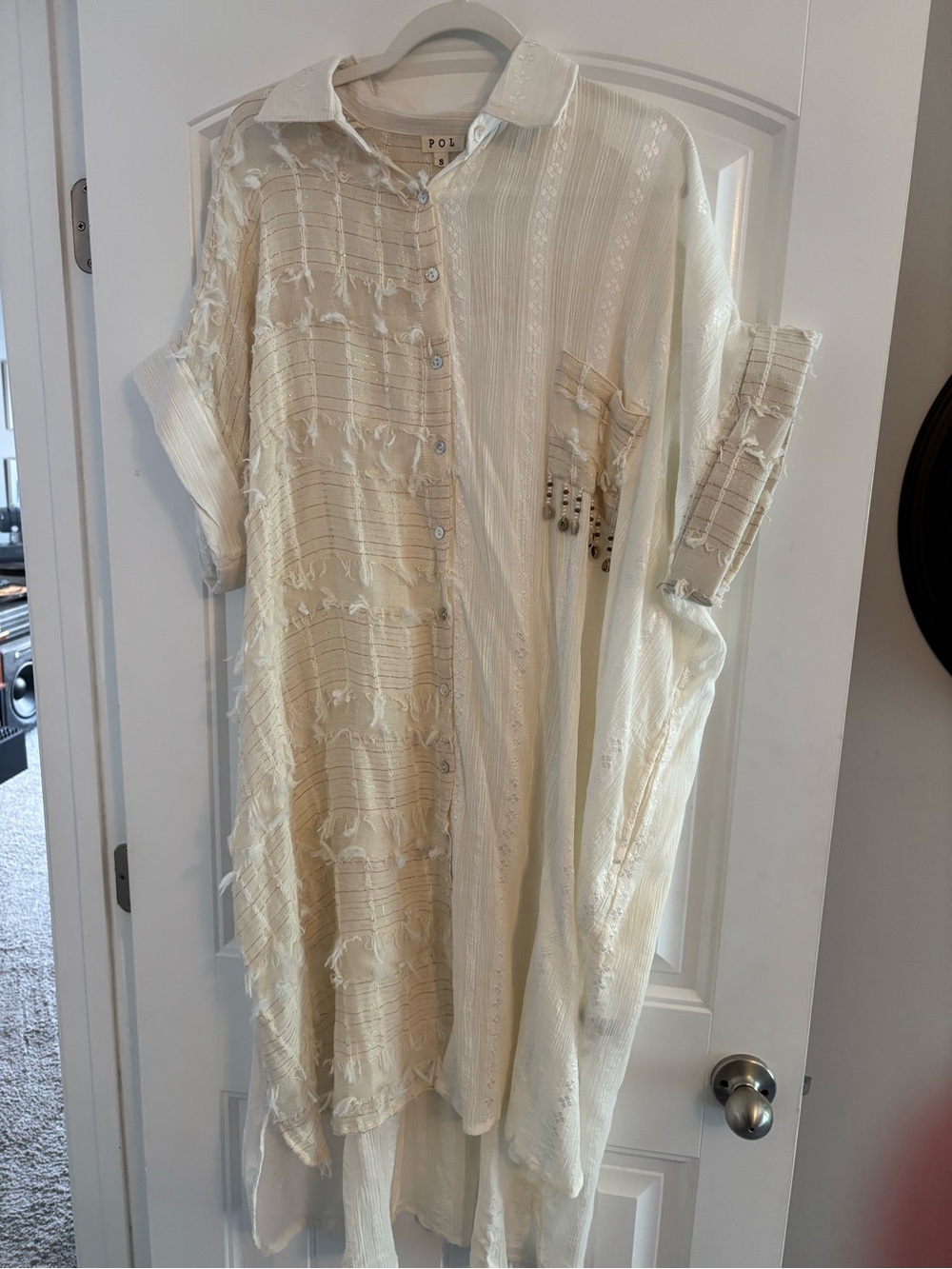 Light Cream Button-Down Textured Shirt Dress
